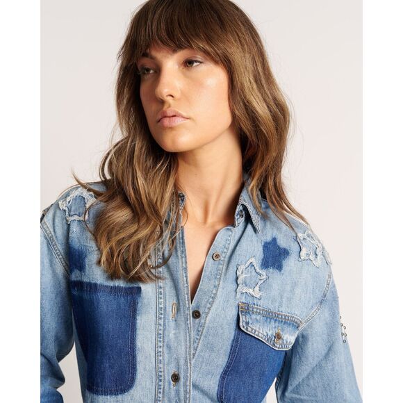 New Free People x One Teaspoon JOHNNY BLUE STAR CLASSIC EVERYDAY SHIRT Size S - Picture 2 of 14